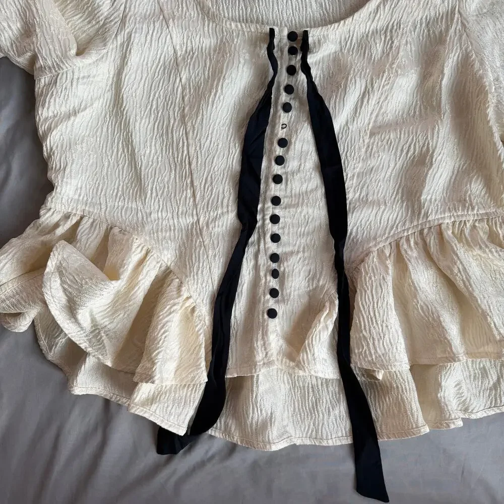 Free People NWT Cream Peplum Blouse Women's XL Textured Puff Sleeve Bow Top